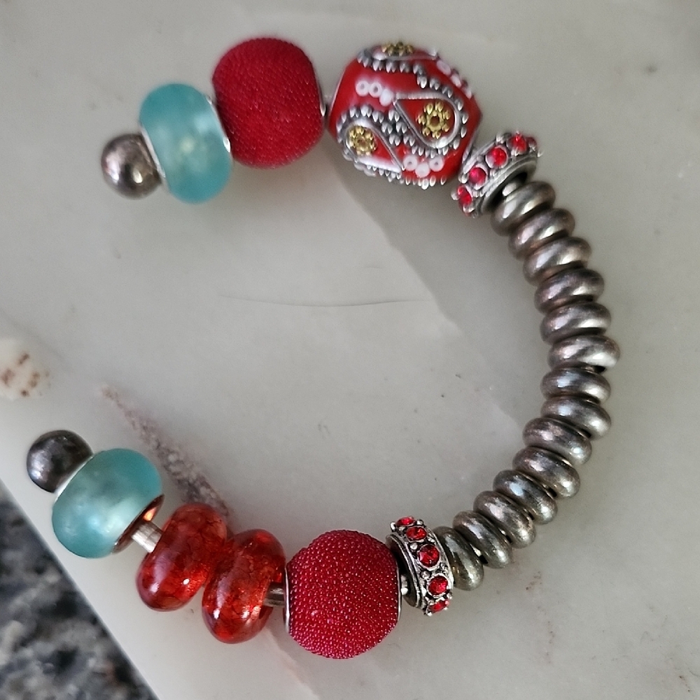 Source Unknown Red And Silver Beaded Bracelet
